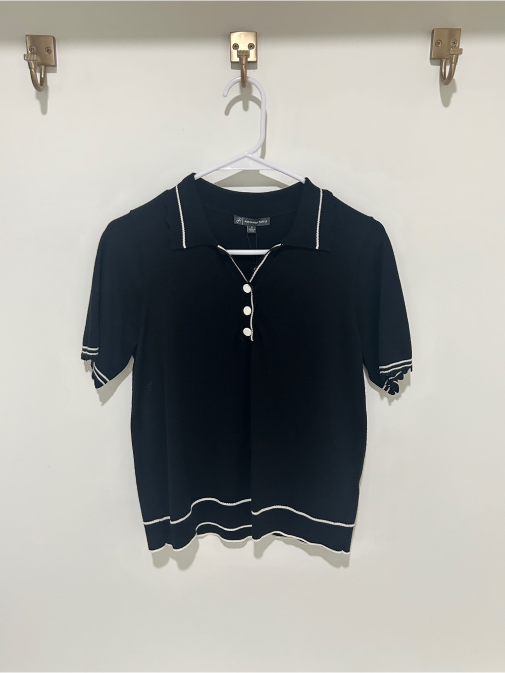 Adrianna Papell Black Short Sleeve Polo Top with White Trim